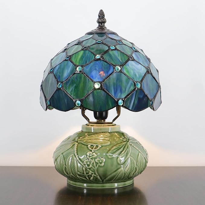 Small Tiffany Lamp Mushroom Table Lamp, Mini Stained Glass Desk Light Memory Sympathy Ceramic lamp 8X11 Inch (Sea Blue Pearl Style)