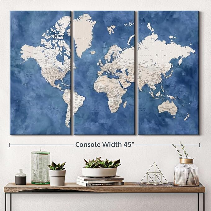 ElephantStock Detailed World Map With Cities I Wall Art - Horizontal Canvas - 3-Piece Living Room Decor - Watercolor Map Canvas Print - Beige and Blue Wall Decor by Blursbyai - 45" X 28"