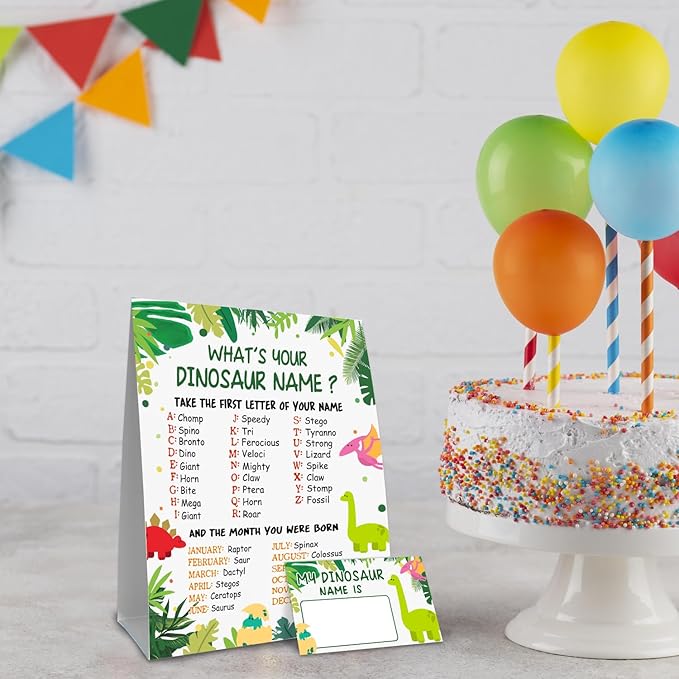 What is Your Dinosaur Name Game, Game Sign and 30 Cards, Dinosaur Birthday Party Sign for Boys and Girls, Holiday Activity, Kids Dinosaur Activity Cards, Dinosaur Activity Decoration Supplies