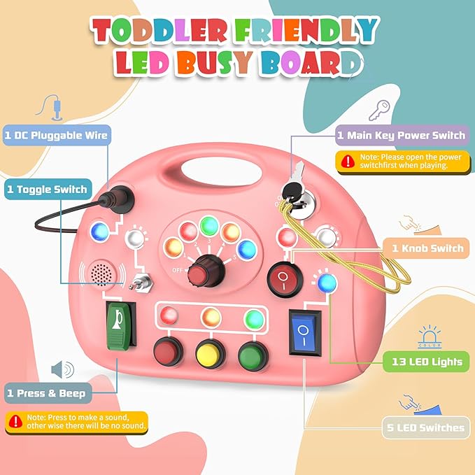 Montessori Busy Board, Busy Board with LED Light for Toddlers 2-4 Year Old, Baby Sensory Board Toddler Travel Toys for Kids My Preschool Busy Book Boy and Girls Birthday Gifts (Pink)