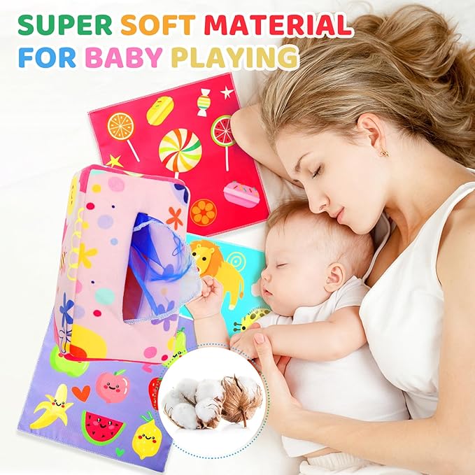Baby Tissue Box - Montessori Toys for 6-12 Months, 1 Year Old - Soft Stuffed High Contrast Crinkle Infant Sensory Toy, Boys&Girls Toddler Early Learning Baby Gifts