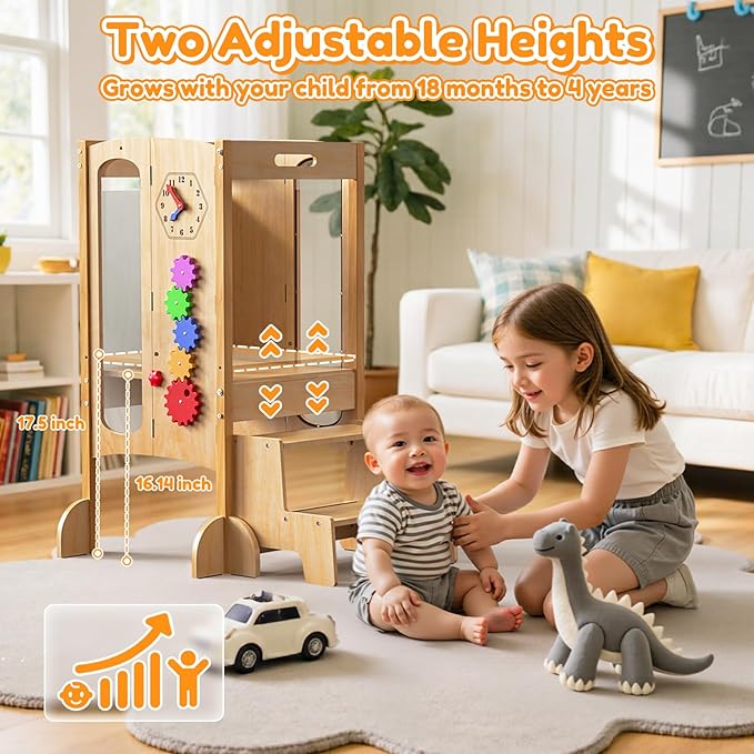 FlyingBoom Toddler Standing Tower, Foldable Kitchen Stool Helper with 2 Step Stool, Toddler Tower for Kids with Safety Net, Adjustable Height, Chalk-Whiteboard &Montessori Activity Games