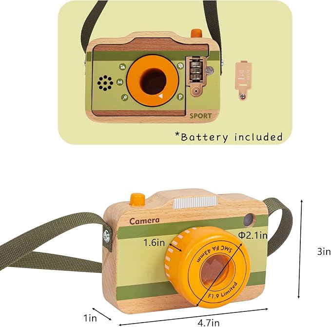Wooden Mini Pretend Camera Toy with Real Sounds and Light for Toddlers 3 Years Old, Neck Hanging Photographed Props for Boys Girls Children Kids