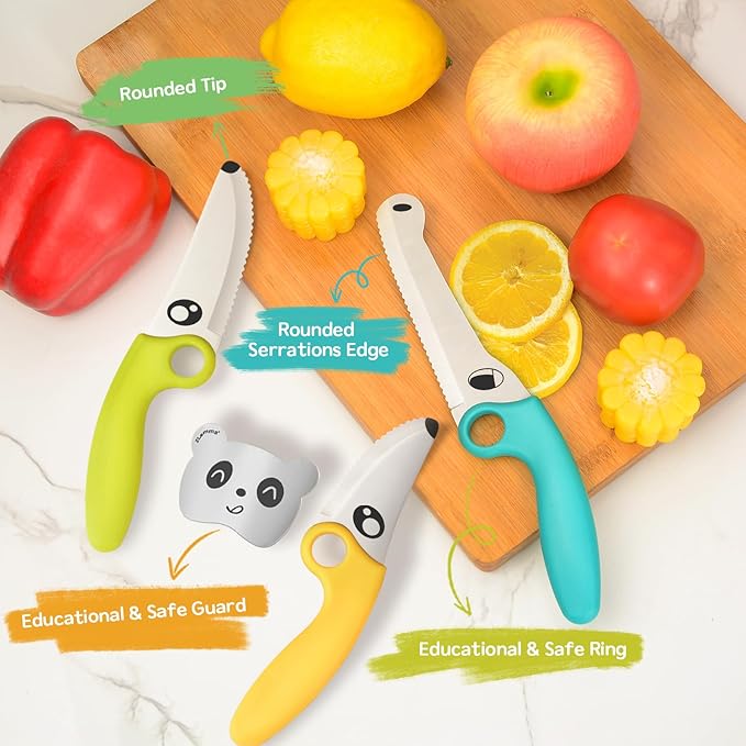 Kids Knife Set for Real Cooking with Educational Ring & Panda Finger Guard for Boys & Girls Cutting, Kids Chef Knife Stainless Steel Blade for Kitchen Cutting-Warm-toned