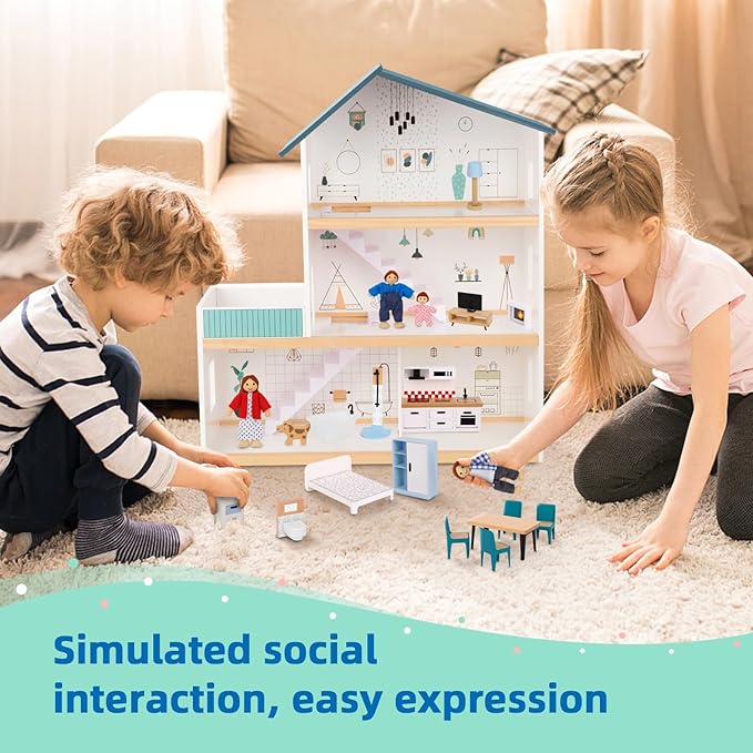 OOOK Wooden Dollhouse for Kids, Doll House with Simulated Luxury Furniture Set, Dollhouse Playset for Girls Toddlers (Including 4 Family Dolls and a Dog)