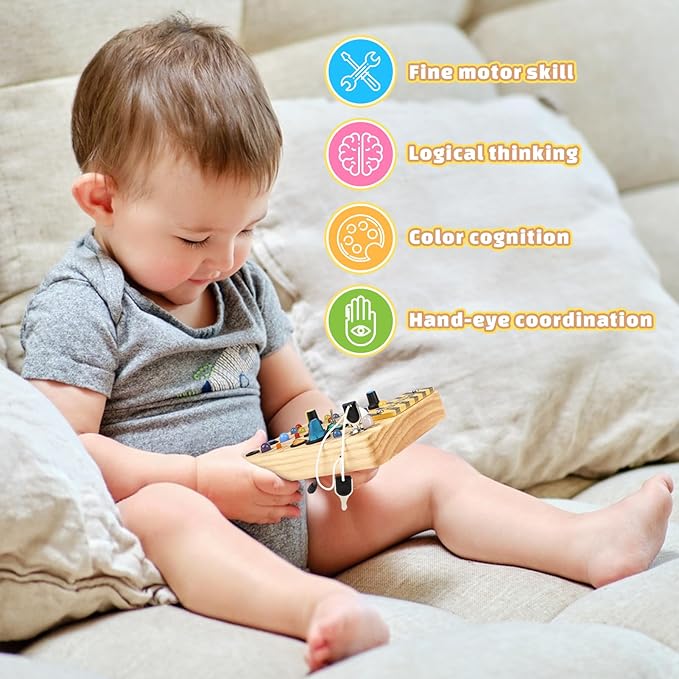 Joyreal Montessori Busy Board Wooden Sensory Toys for Toddler with LED Light Up Switch, Baby Fidget Board Travel Toys for 18+ Months, Boys Girls Birthday, Medium