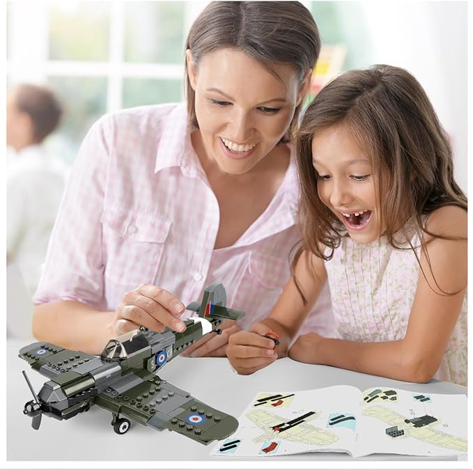 WW2 Spitfire Fighter Military Plane Building Set - with Sliding Features, Compatible with Lego Plane, Rotating Propellers, and an Open Cockpit Door