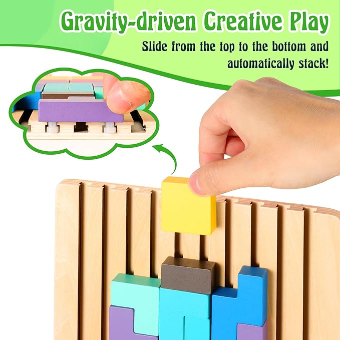 Wooden Stacking Puzzle Toy, 3D Brain Teaser Puzzles for Kids Adults, Indoor Recess Games Classroom for Toddlers Ages 3-5 6-8, Stress Relief STEM Educational Toys Logic Game (No Storage Bag)