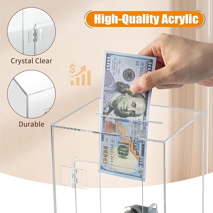 Hicocool Clear Piggy Bank with Lock, Acrylic Piggy Bank with Key for Adults Kids Openable, Reusable Money Saving Box for Birthday (Clear)