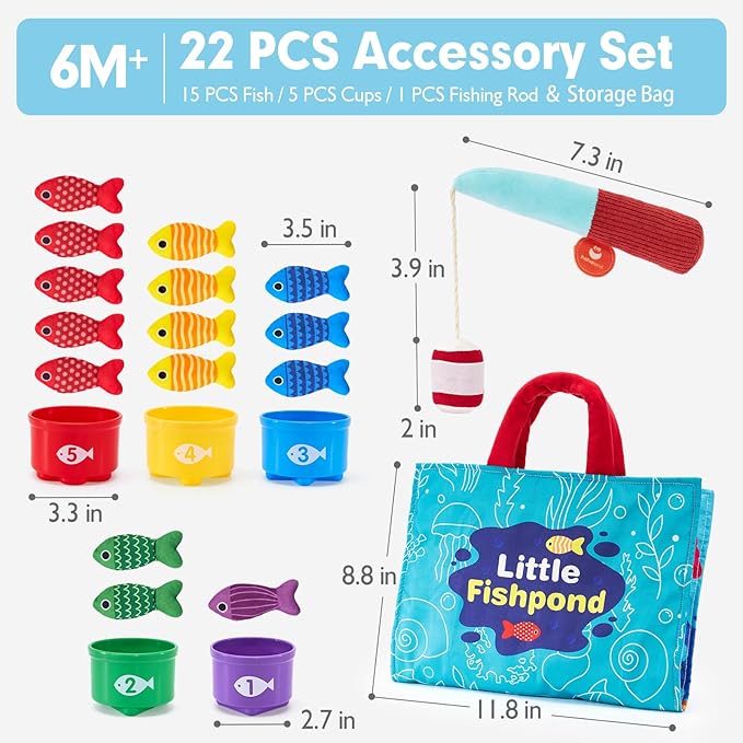 hahaland Toddler Toys Montessori Toys for 1 Year Old Boy Girl Birthday Gift - 10 in 1 Cloth Fishing Game for Toddler 1-3 with Stacking Cups - Number Counting, Color Sorting Learning