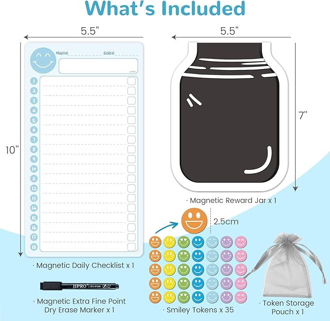 JJPRO Magnetic Reward Jar for Kids with Daily Checklist- 10" x5.5“ Home Chore Chart for Fridge,Daily to Do List Board for Toddlers,Magnetic Reward Jar Positive Behavior Training -Blue