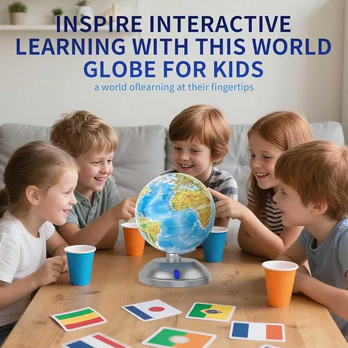 360° rotating globe, independently supported by a beautiful silver plastic base with a switch, 9-inch design, built-in LED night light, color high-definition visual map details, children's geography education, study and office decoration, living room d...