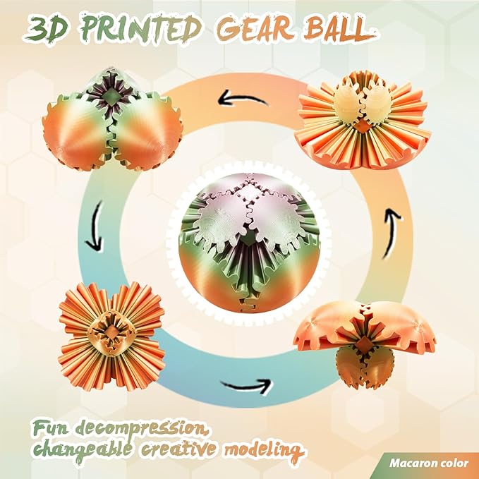 Gear Ball-3D Printed Gear Sphere,3D Printed Spin Ball Cube Fidget Toy,The Steampunk Whirling Wonder Fidget Ball Toy (Macaron)