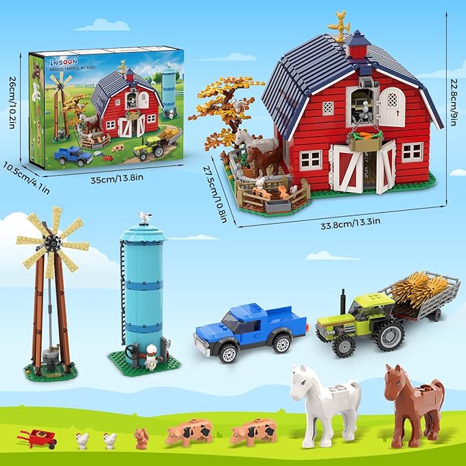 Western Farm Barn House Building Set with Lights, Newly Enhanced with Reinforced Structure, 1419 PCS Red Barn Building Toy with Animals Horse Tractor Windmill, Gift for Adults Boys Girls 10+