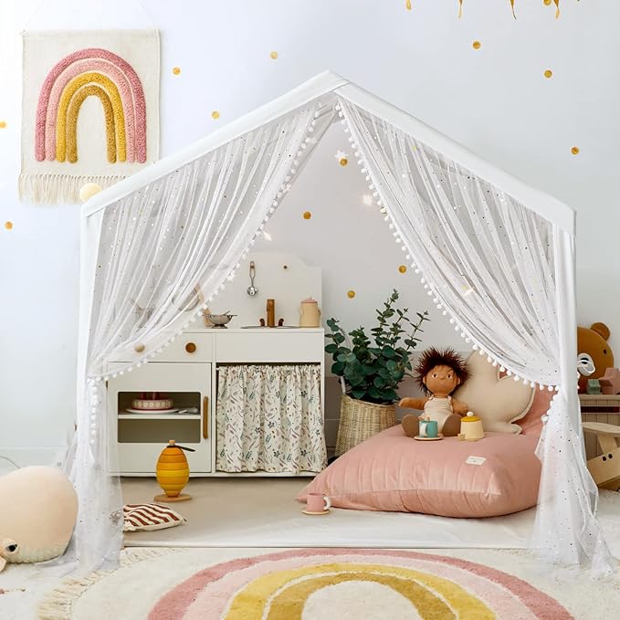 Play Tent for Kids with Star Lights, Large Kids House Indoor & Outdoor, Castle Tent for Girls Decorated Sequin Sparkle Stars, Playhouse with Front & Rear Doors for Toddler, Boho Decor