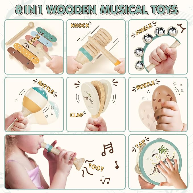 Baby Musical Instruments for Toddlers 1-3, Montessori Wooden Toys for 1 Year Old, Xylophone Maracas Percussion Set with Storage Bag, Learning Toys for Boys Girls Age 2-4, Christmas Birthday Gift