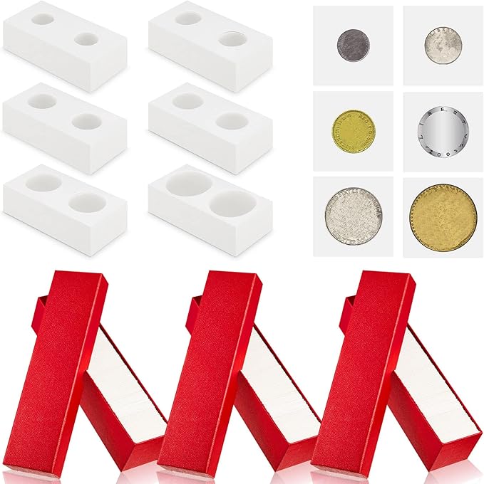 Teling 303 Pieces Coin Flips 3 Pcs 2 x 2 Inch Coin Storage Boxes 300 Pcs Cardboard Holders in 6 Sizes Collection Supplies for Collectors(Red)