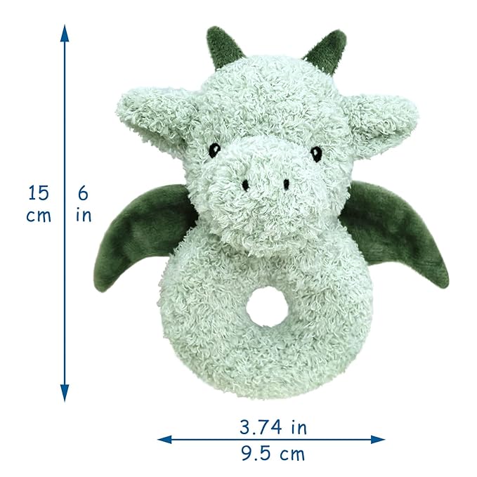 Baby Dragon Soft Rattle Toy, Plush Dinosaur Infant Shaker Rattle Easy-Grasp Stuffed Animal Toy, Gifts for Newborns Babies Toddlers Boys Girls, Green, 6 Inches