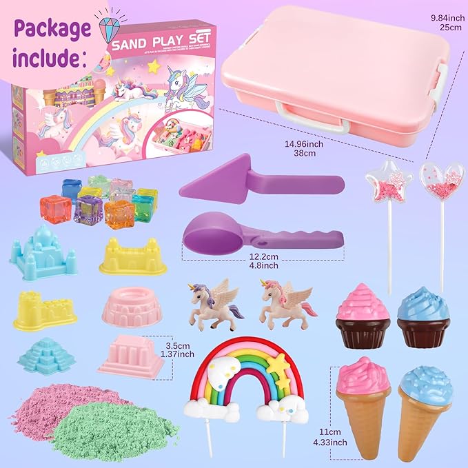Weilim Unicorn Sensory Bin for Girl, Magic Sand Art Kit with Sandbox, Color Sand, Unicorn Fine Motor Kids Toy Christmas Birthday Gift for Toddler Ages 3 4 5 6 7 8