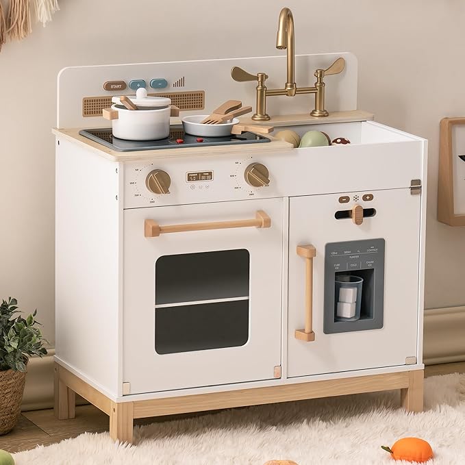 ROBOTIME Play Kitchen for Toddlers, Wooden Kids Play Kitchen Playset with Real Lights & Sounds/Ice Cube Dispenser, Pretend Play Montessori Toy Kitchen, Gift for Ages 3+