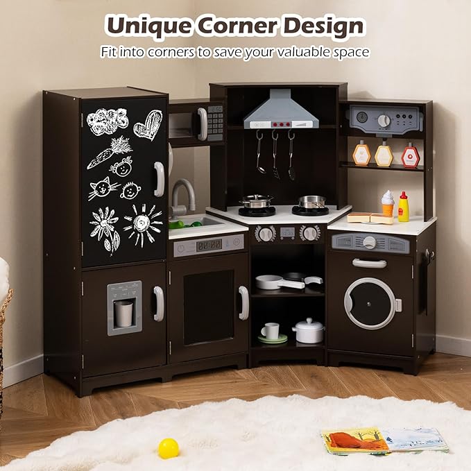 Costzon Corner Play Kitchen w/Lights, Sounds, Large Pretend Play Kitchen Set w/Blackboard, Microwave, Cooking Accessories, Wooden Montessori Sensory Toy for Kids 3+ Years Old (Espresso)