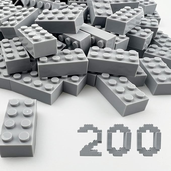 200 Piece Classic Building Bricks, 2x4 Building Blocks STEM Creative Build Toys, MOC Bulk Bricks DIY Play Set for Kids Age 6+(Light Grey, Samll Bricks, 1.25x0.62x0.47 in)