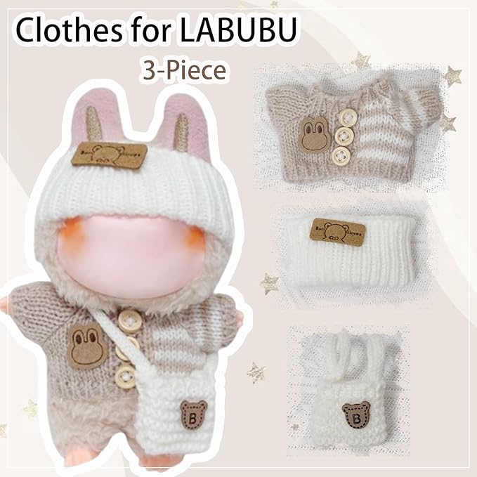 Clothes for 17cm Dolls Accessories Crochet 3 Piece Set Outfits for Doll(Beige Sweater)