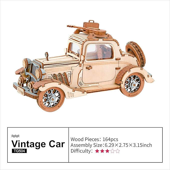 Rowood 3D Puzzles for Adults, Model Car Kits, DIY Wooden Toys Craft Gift on Birthday Christmas for Adult-Vintage Car