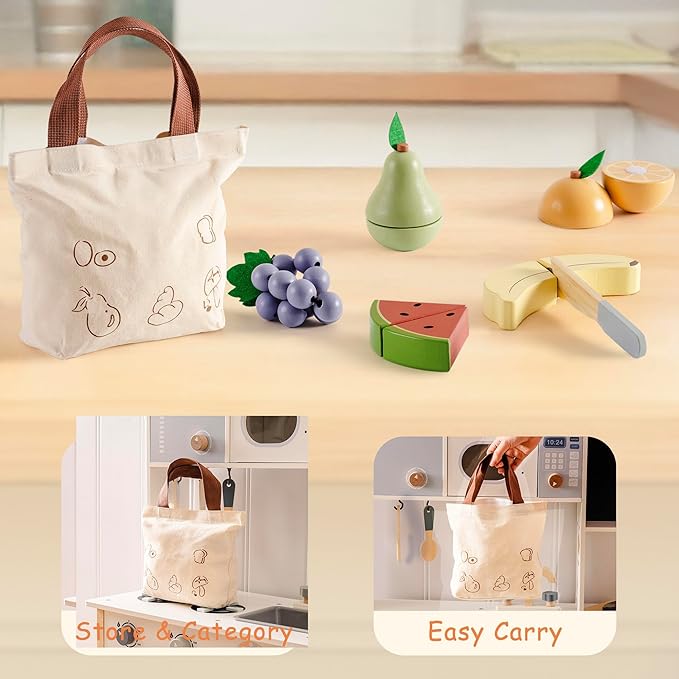 ROBOTIME Wooden Play Food Cutting Fruit Set, Pretend Play Toy Food for Play Kitchen with Shopping Bag – Kids Kitchen Accessories, Wooden Fruit Toys for Kids Boys Girls