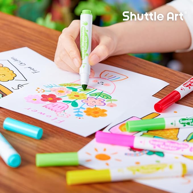 Shuttle Art Super Washable Markers, 30 Colors Broad Line Conical Tip Markers for Kids, Ultra Clean Coloring Book Marker Set, Home Classroom School Supplies for Toddlers Kids Adults Students Teachers