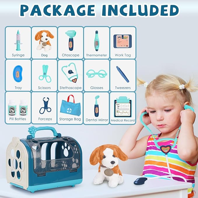 Doctor Kit for Kids with Dog Toy, Girls Boys Vet Playset Kit with Pet Cage & Stethoscope, Veterinarian Pretend Play Toys Doctor Kit for Toddlers Birthday Gift for Age 3 4 5 6 7 8 Years Role Play