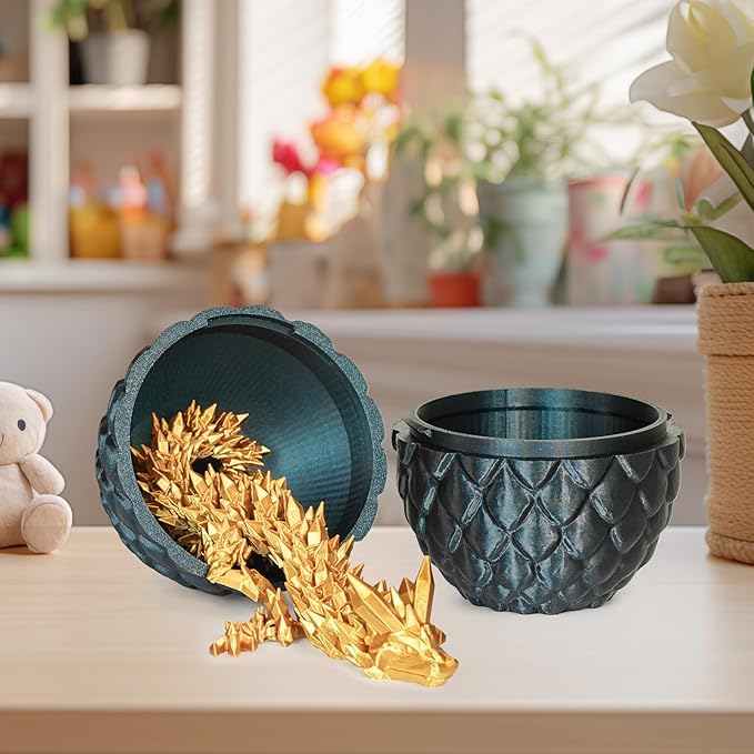 Small Dragon Eggs with Dragon Inside, 3D Printed Surprise Funny Gifts for Kids, Articulated Dragon Fidget Toys for Adults, Executive Desk Toys Office Room Décor (Shiny Black)