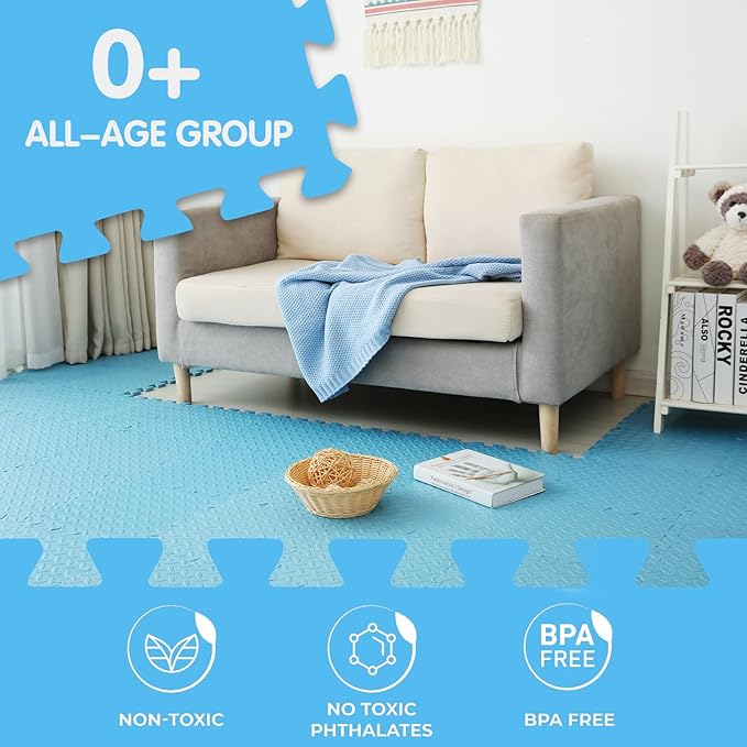 Coolcandy EVA Foam Play Mat, 16 Tiles Colorful Baby Play Mat, Square Kids Playmat with Solid Colored, 0.4" Thickened Interlocking Foam Floor Tiles, Puzzle Play Mat For Baby Lying, Playing (Light Blue)