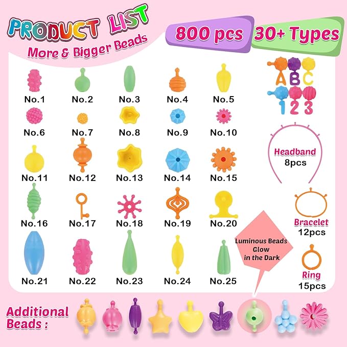 FUNZBO 850pcs Pop Beads - Jewelry Making Kit for 3 4 5 6 7 8 Year Old Little Girls, Arts and Crafts Toys for Kids, Necklace Bracelet Ring Hairband Creativity Snap Set Holidays Birthday Gifts