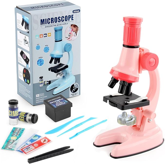 XD508 Microscope for Kids - 100X 600X 1200X Beginner Microscopes kit with LED Light, Science Educational Gift and Toy for Boy&Girl Birthday Halloween Christmas（Pink）
