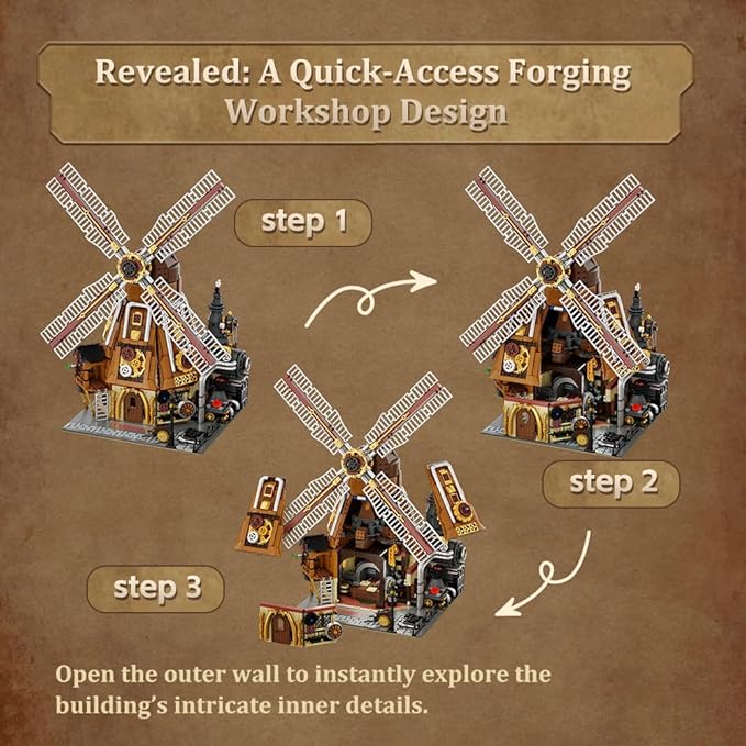PANTASY Steampunk Windmill Workshop Building Set - Dutch Windmill Architecture with Mechanical Drive with Motorized Rotating Blades,Gear Details,and Openable Wall - Collectible Display Kit for Adults