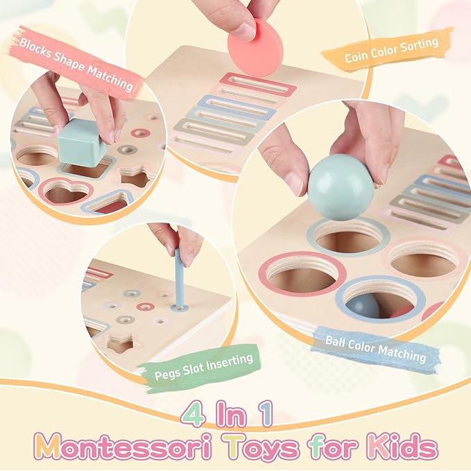 Montessori Toys for 2 3 4 5 Color Sorting - Wooden Object Permanence Box with Drawer Sensory Toys Shape Sorter Education for Baby Toddler Boy Girl Drop Busy Box 4 in 1