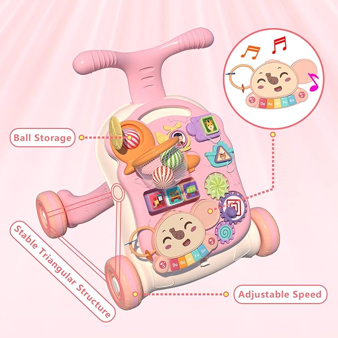 QDRAGON 3 in 1 Baby Walker and Activity Center for Girl, Learning to Walk, Sit to Stand, Early Educational Push Toys with Music Panel for Infant Toddler 12+ Months Pink