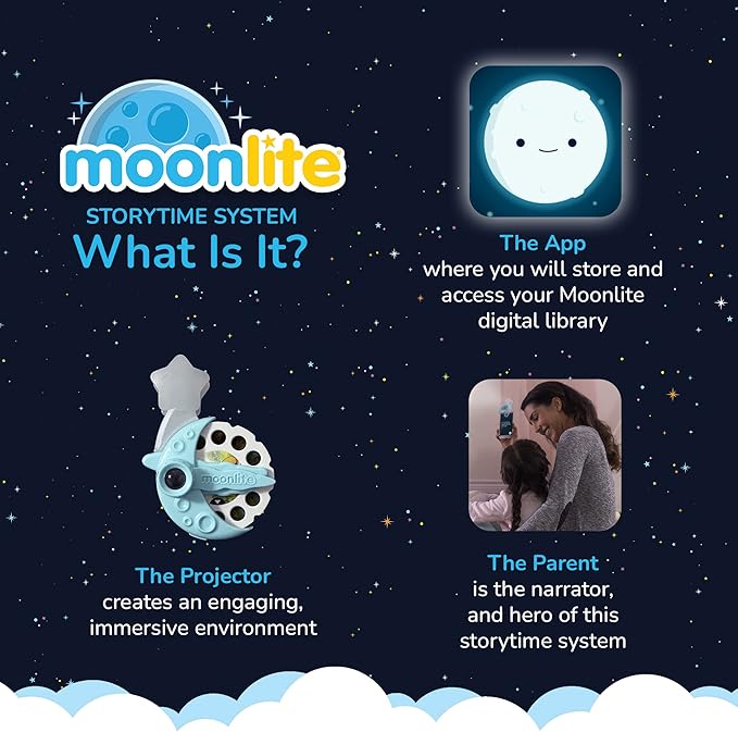 Moonlite Storytime Mini Projector with 4 Pixar Stories, A Magical Way to Read Together, Digital Storybooks, Fun Sound Effects - Toy Story, Cars, Incredibles, Monsters Inc - Gifts for Kids Age 1 and Up