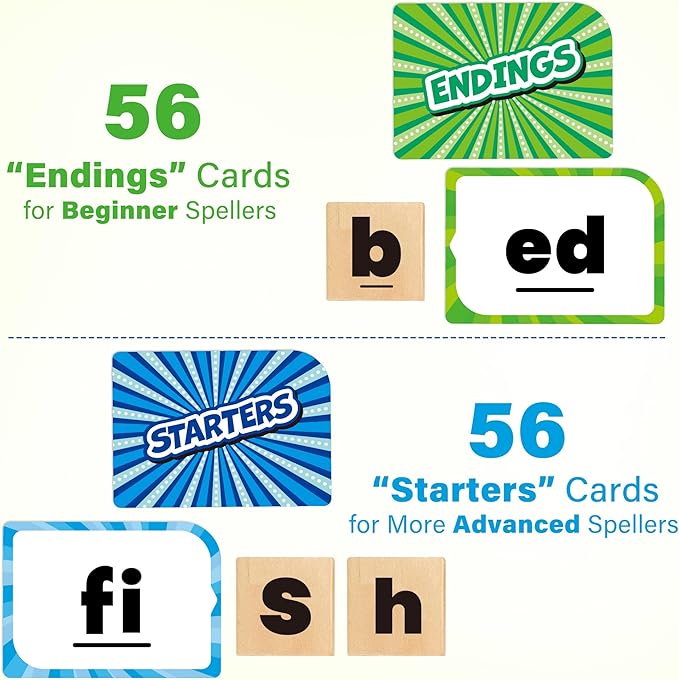 BenBen Spelling Games with 112 Flash Cards, Wooden Letter Tiles, CVC Sight Word Games for Kids Ages 4+, 1-4 Players, Decoding, Learn to Read Learning Toys for Kindergarten 1st 2nd 3rd Grade