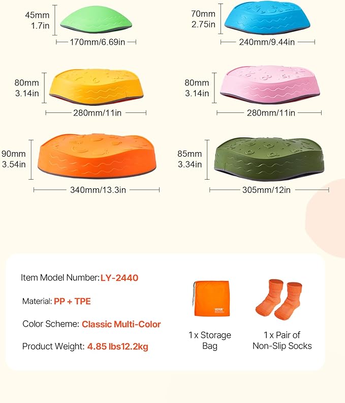 VEVOR Balance Stepping Stones for Kids, 6 PCS, Up to 220 lbs, Non-Slip Toddlers Sensory Stepping Stones, Obstacle Course Coordination Game Toys Indoor or Outdoor Play for Children Aged 3 4 5 6 7 8+