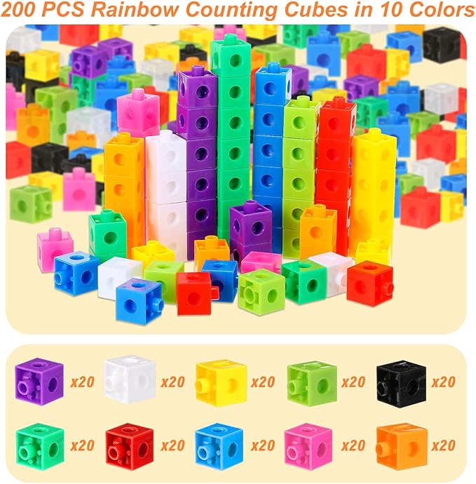 Jenaai 200 Pieces Linking Cubes for Math Counting Cubes, Plastic Counting Blocks, Colorful Math Manipulatives Classroom Learning Supplies for Preschool Activities Boy Girl(Classic Style)