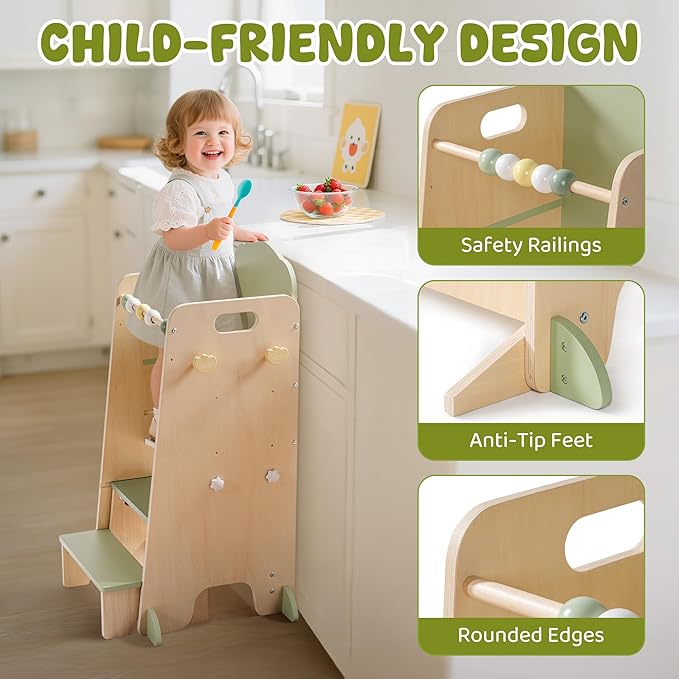 ROBUD Toddler Tower Adjustable Kitchen Stool Helper with Chalkboard, Hooks and Anti-Tip Design, Movable Kids Step Stool with Cute Safety Rail, Montessori Activity, Morandi Green