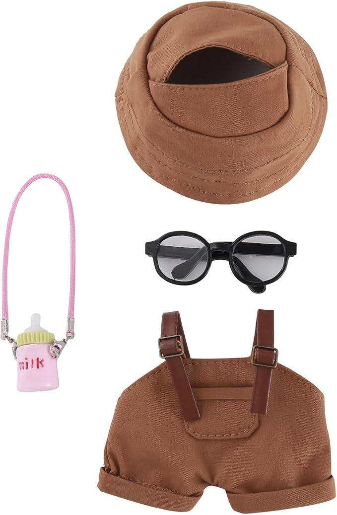 17cm Doll Clothes Set 4-Piece Outfits for Doll Brown Fashion Clothing for Plush Dolls Accessories with Glasses and Bucket Hat