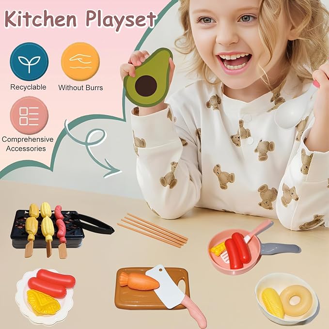 Kids Kitchen Toy Accessories, 61PCS Toddler Pretend Cooking Play Pots, Kitchen Playset, Play Pots, Pans, Utensils Cookware Toys, Play Food Set, Vegetables, Learning Gift for Girls Boys (Pink)