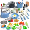 Bruvoalon 67Pcs Kids Play Kitchen Toys Set, Toddlers Pretend Cooking Playset Acccessories with Pots Pans, Utensils Cookware, Foods, Canned Veges, Learning Gift for Kids Girls Boys (Blue)