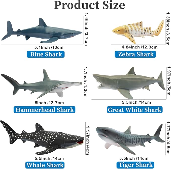Toymany 6PCS 5-6" L Realistic Shark Bath Toy Figurines, Plastic Ocean Sea Animals Figures Set Includes Great White Shark Cake Toppers Christmas Birthday Gift for Kids Toddlers