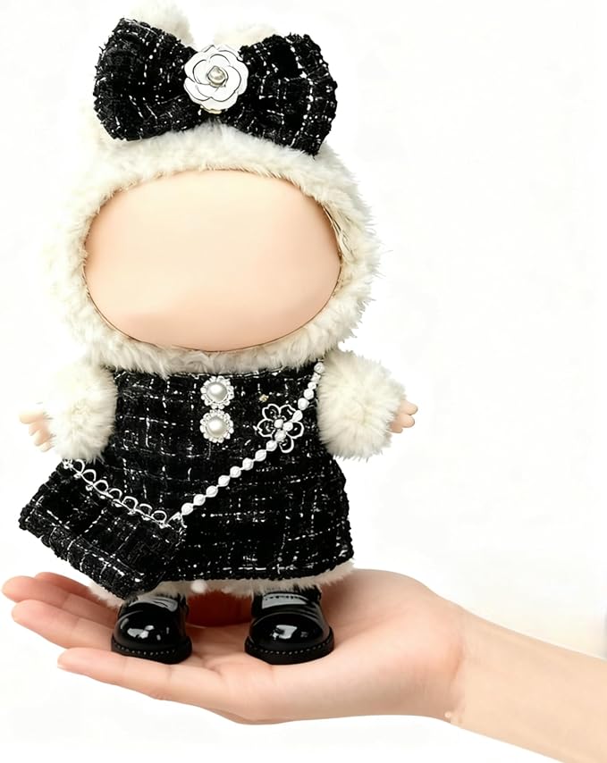 Clothes for LABUBU 17cm Doll (NO Doll)（NO Shoes, Outfit for LABUBU, Dress + Hairpin + Mini Bag Set for LABUBU Dress Up, Fashion and Premium Dolls Accessories for LABUBU (Style G)