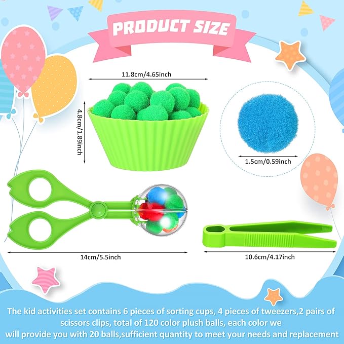 142 Pieces Fine Motor Skills Handy Scooper Set Sensory Bin Filler Includes 12 Sorting Bowls, 8 Tweezers, 2 Scissors Clips, 120 Plush Balls for Early Education and Sorting Counting Training Development