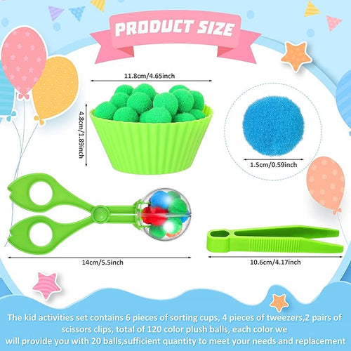 142 Pieces Fine Motor Skills Handy Scooper Set Sensory Bin Filler Includes 12 Sorting Bowls, 8 Tweezers, 2 Scissors Clips, 120 Plush Balls for Early Education and Sorting Counting Training Development